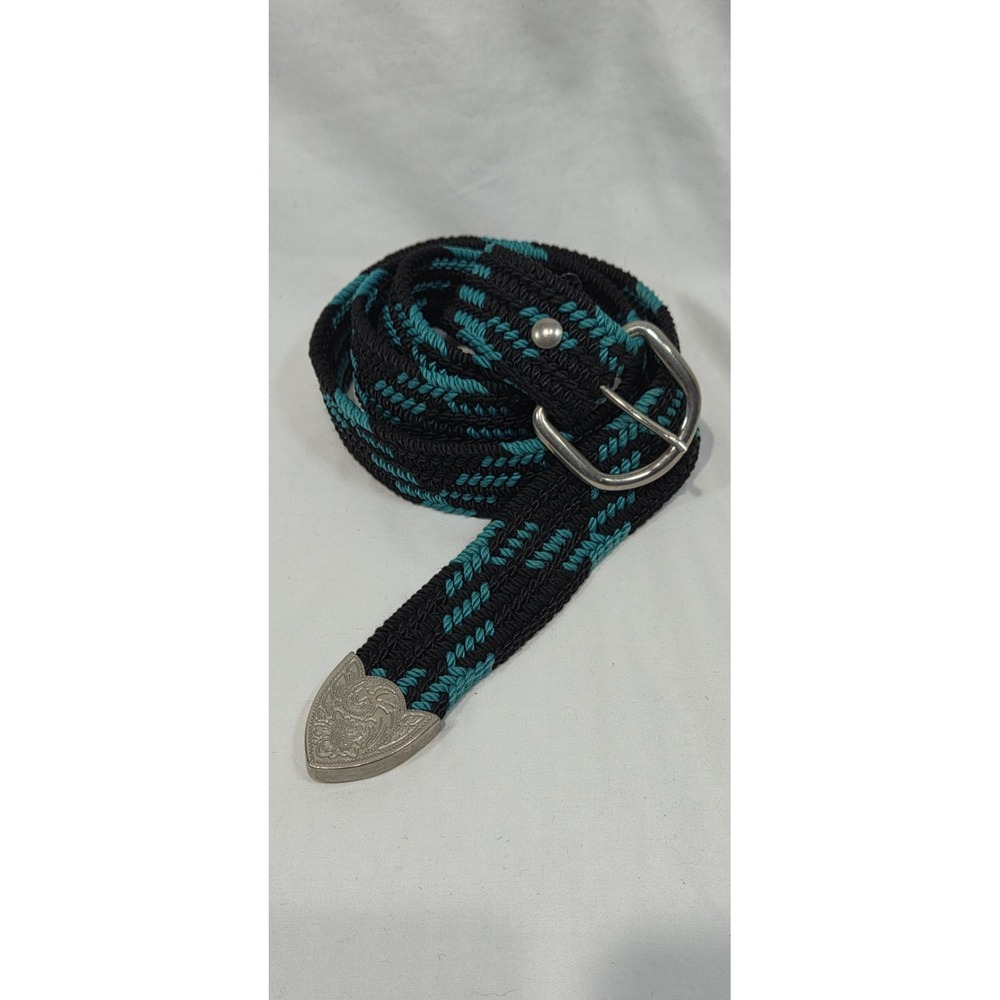90s Western Cowboy Woven Braided Nylon Belt Turquoise Black Up To 44" Garth